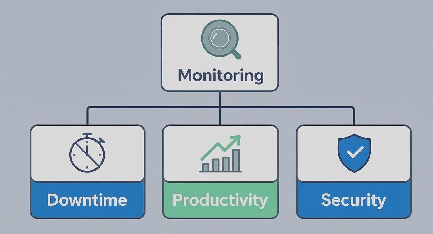 A diagram illustrating the benefits of system monitoring, including reduced downtime, increased productivity, and enhanced security.