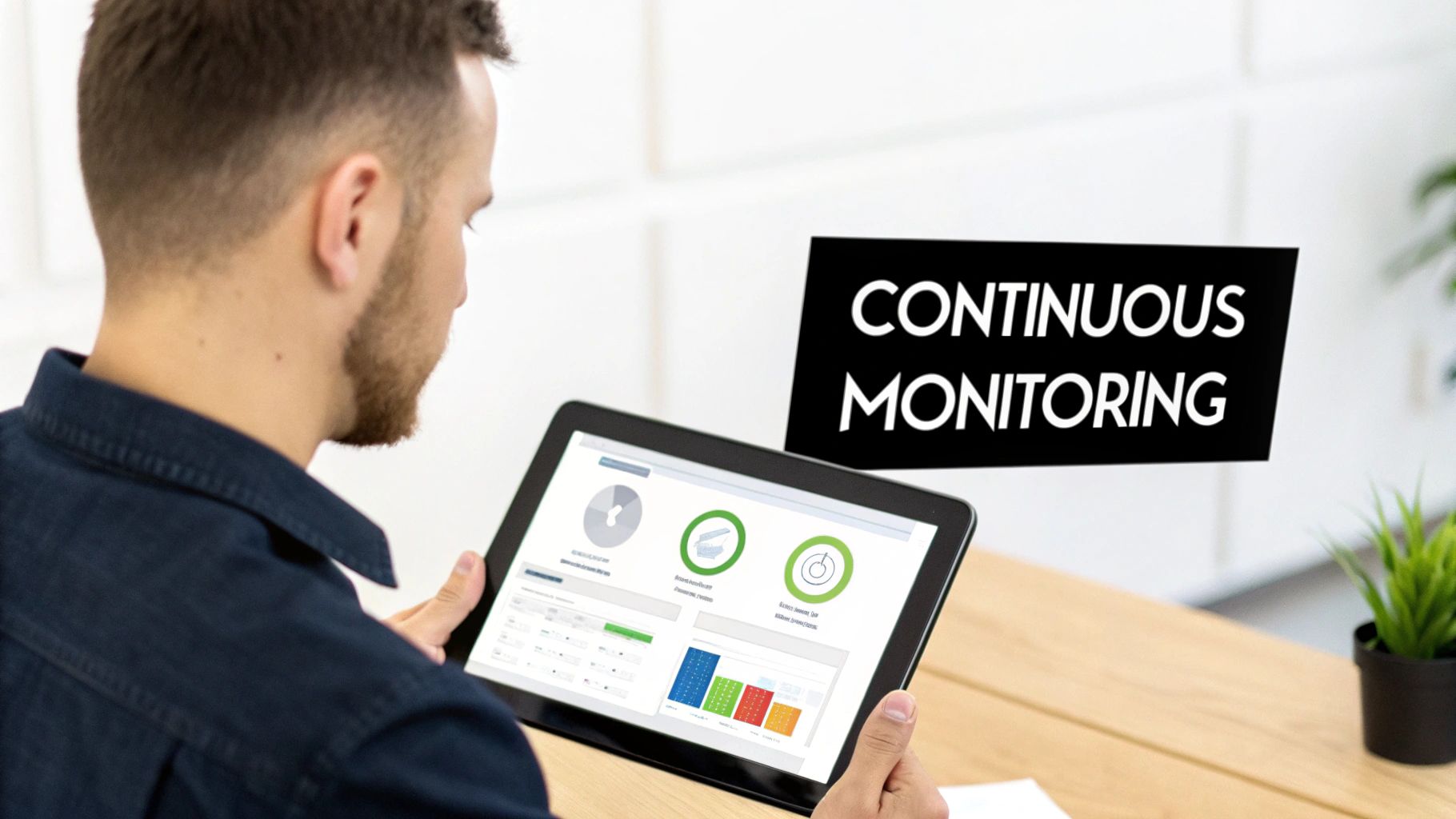 A man holds a tablet displaying various data charts, highlighting continuous monitoring solutions.