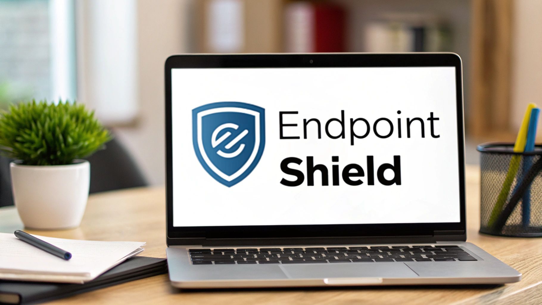 A laptop on a wooden desk displaying 'Endpoint Shield' security software with a shield logo, symbolizing protection.