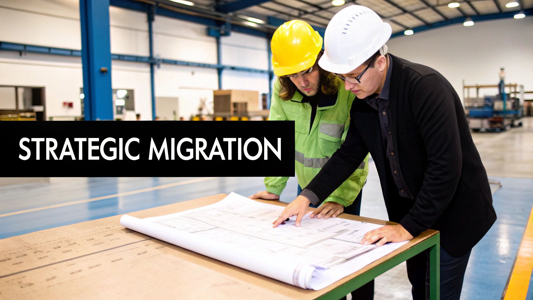 Two engineers in hard hats reviewing construction blueprints in industrial warehouse facility