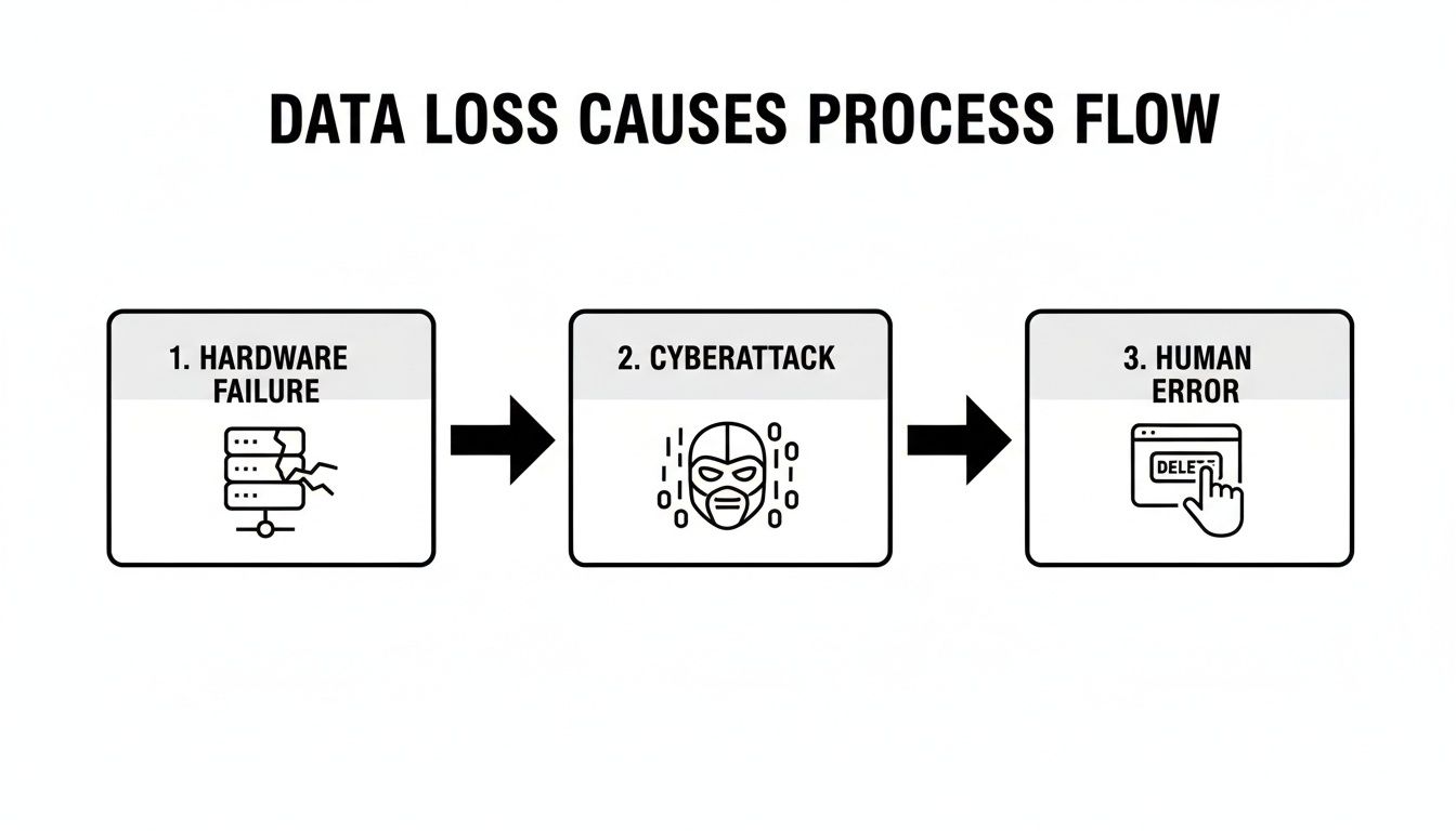 Flowchart illustrating the three main causes of data loss: hardware failure, cyberattack, and human error.