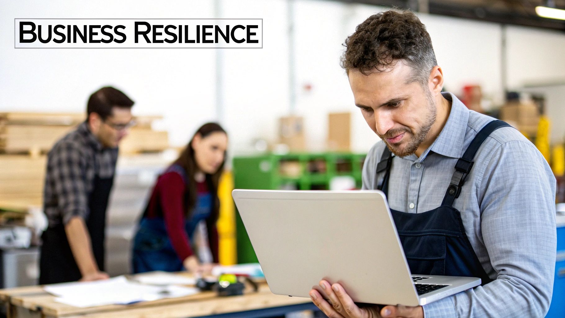A man in work attire reviews data on a laptop, while colleagues work in a manufacturing setting, emphasizing business resilience.