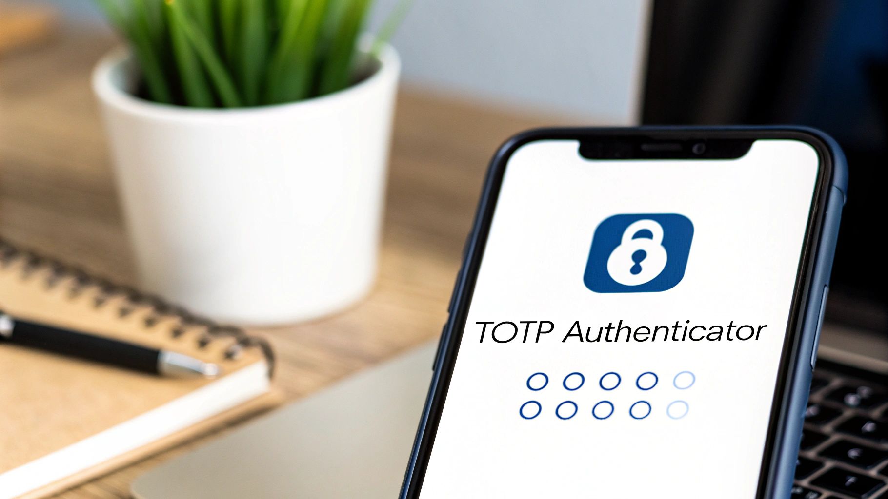 A smartphone shows a TOTP Authenticator app with a lock icon, illustrating multi-factor security.