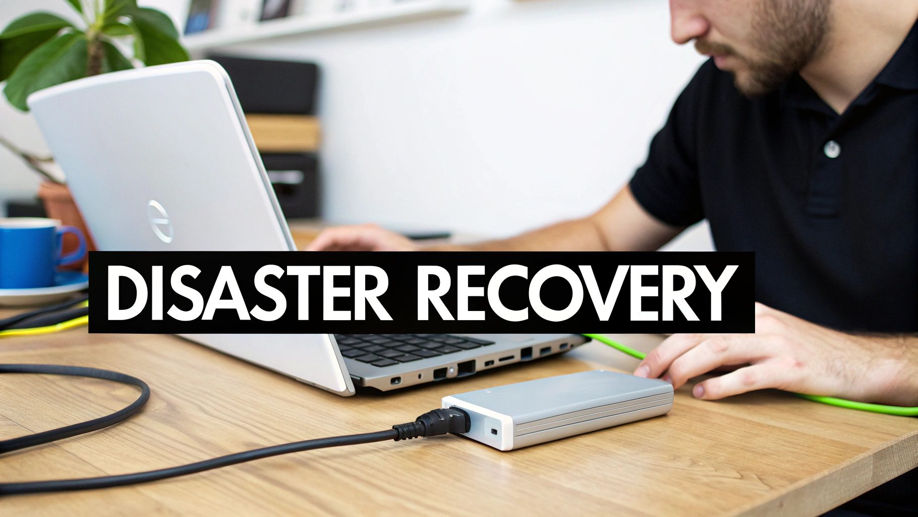A person working on a laptop connected to an external hard drive for disaster recovery.