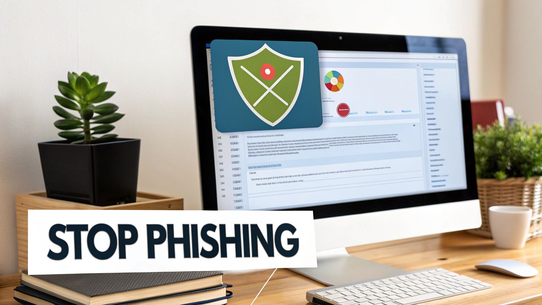 A desktop computer on a wooden desk displays a security shield and 'STOP PHISHING' text.