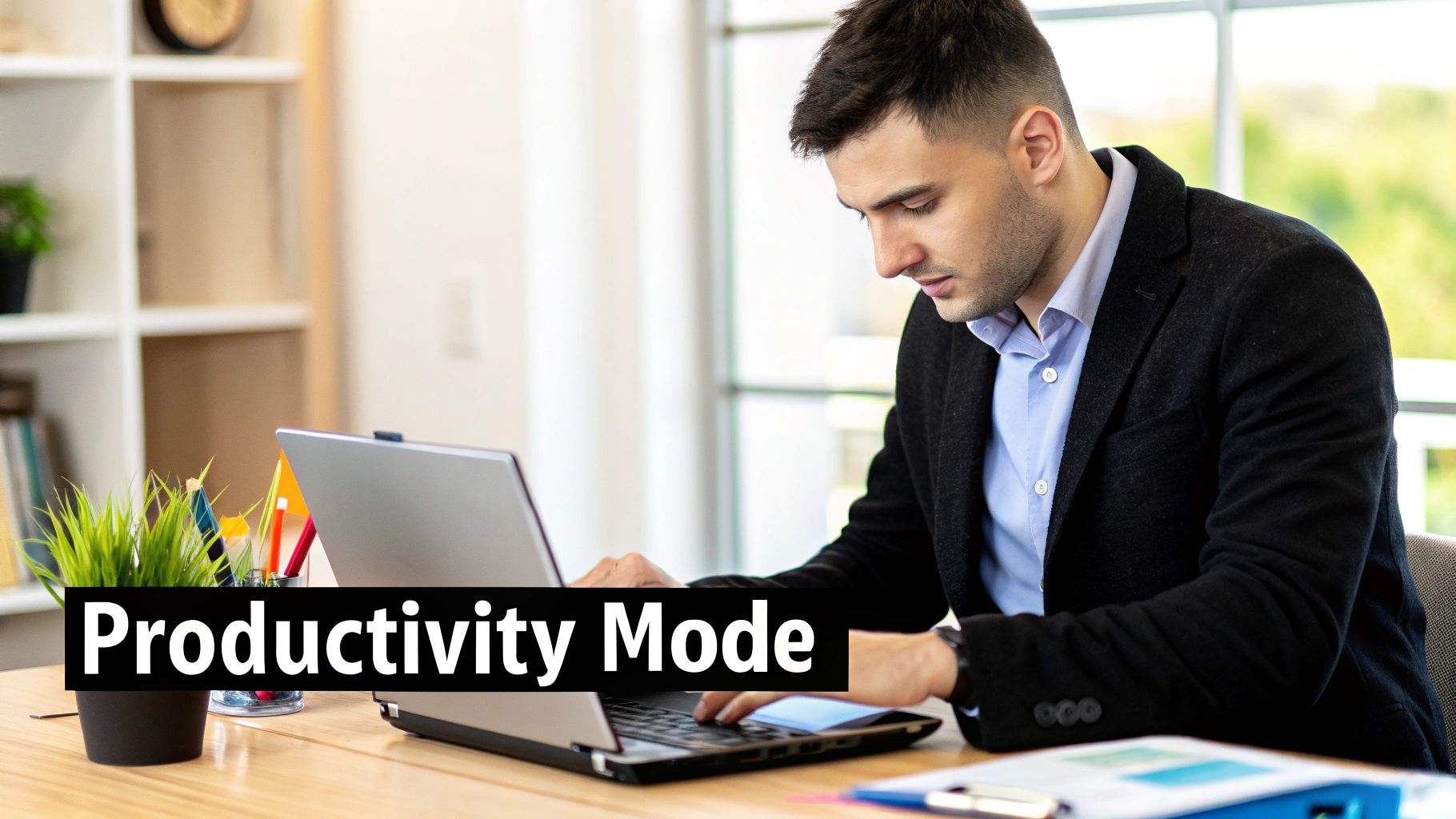 A focused man in a suit jacket working on a laptop at a desk with a plant and documents.