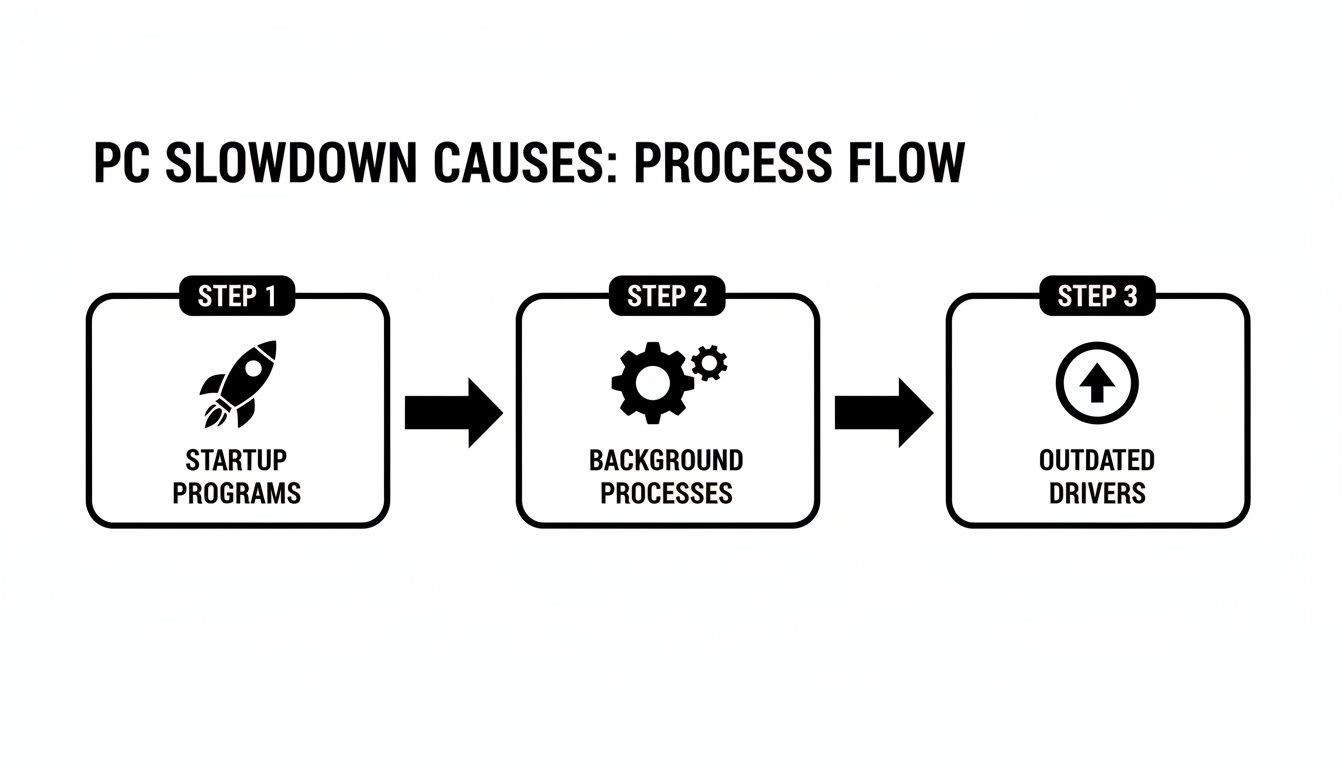 Process flow diagram showing common causes of PC slowdown: startup programs, background processes, and outdated drivers.