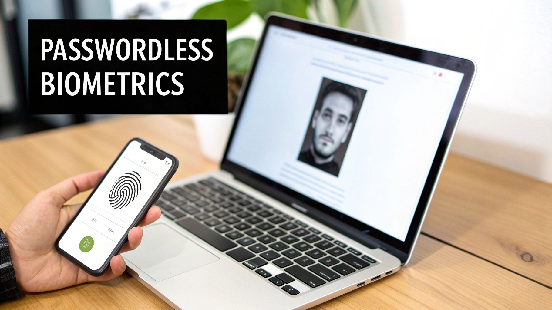 A hand holds a smartphone with a fingerprint icon next to a laptop showing face recognition, demonstrating passwordless biometrics.