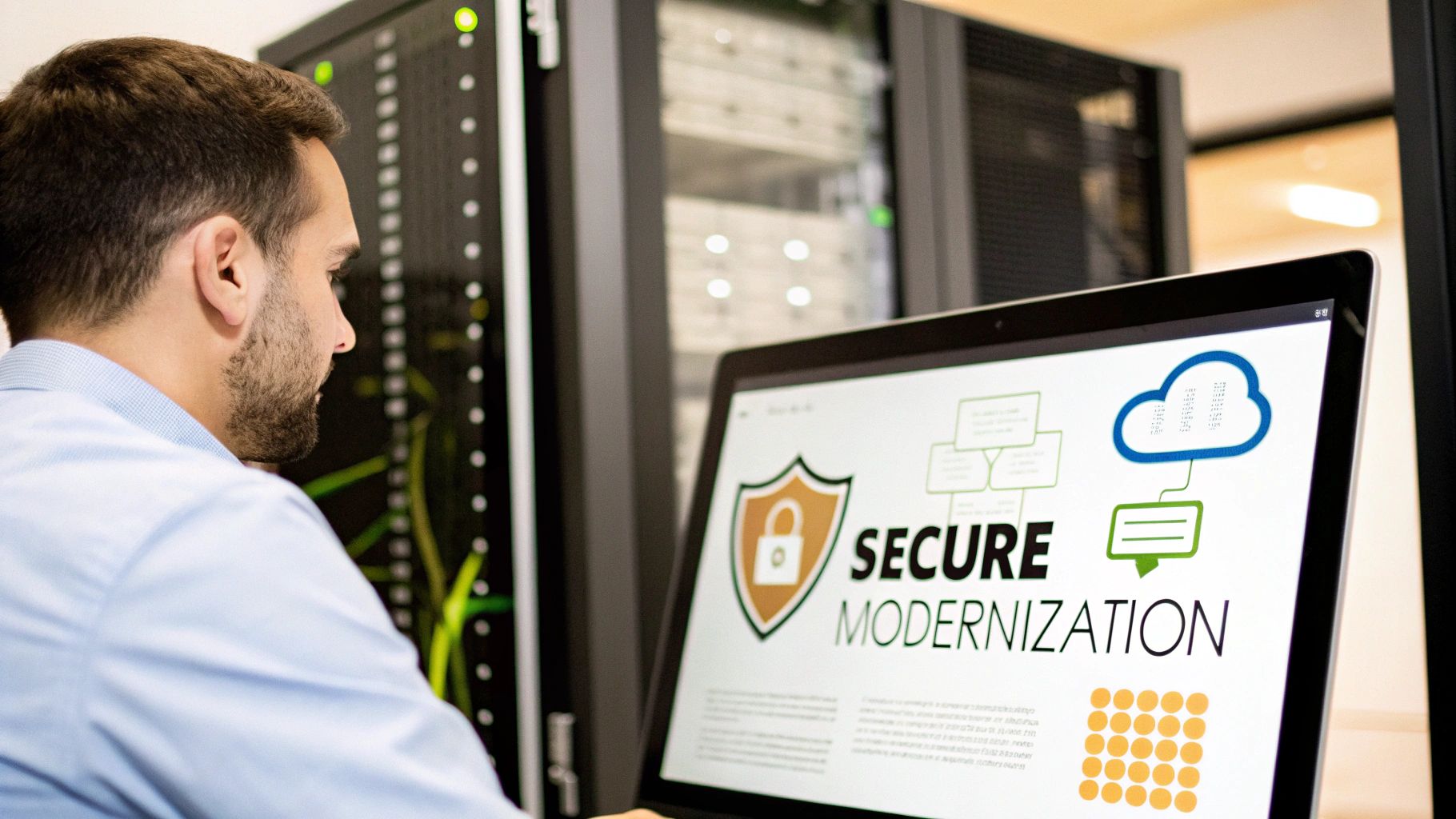 A man reviews a computer screen displaying 'Secure Modernization' with icons, in a server room.