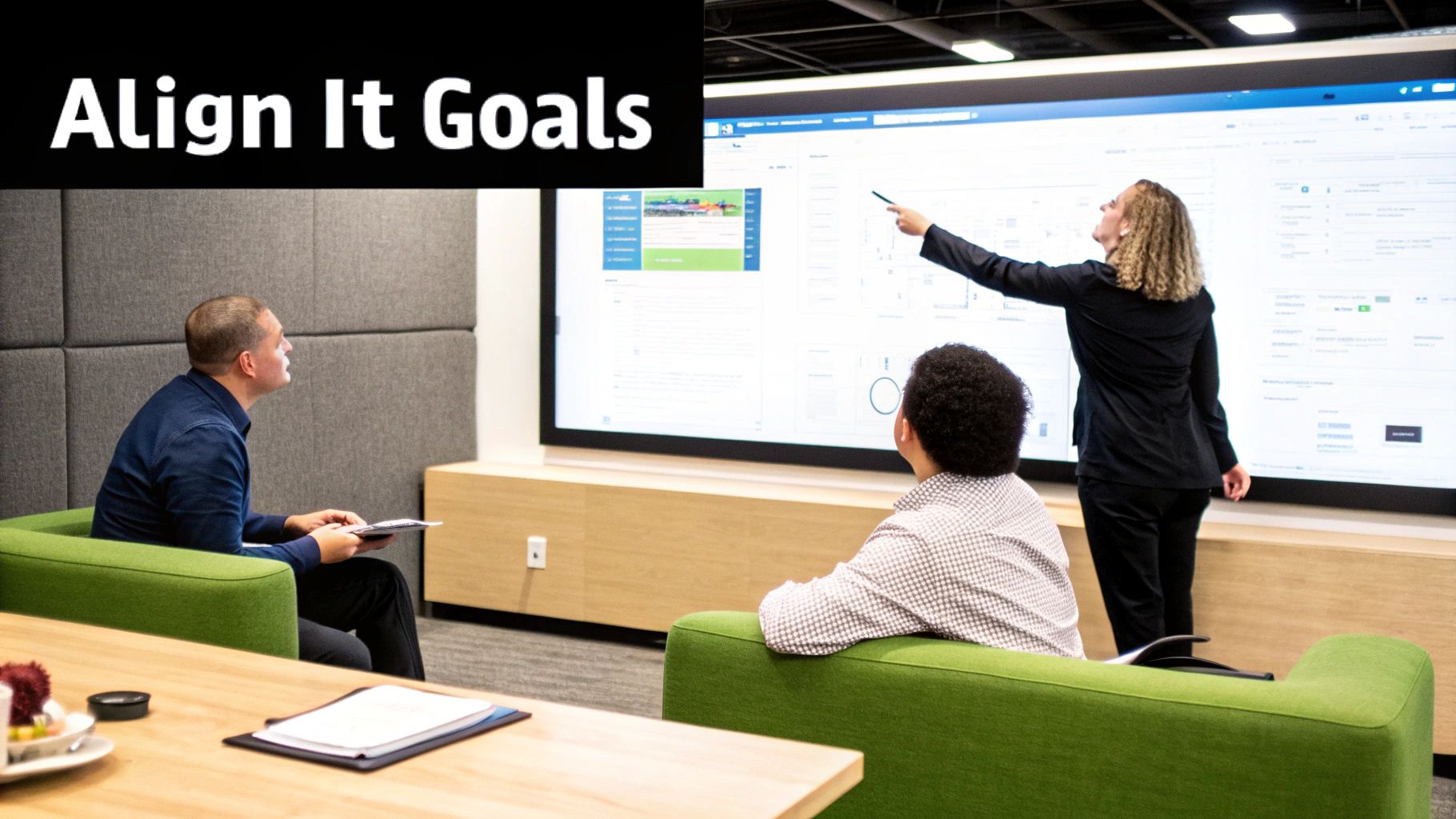 Professionals discussing IT goals and data on a large screen in a modern meeting room.