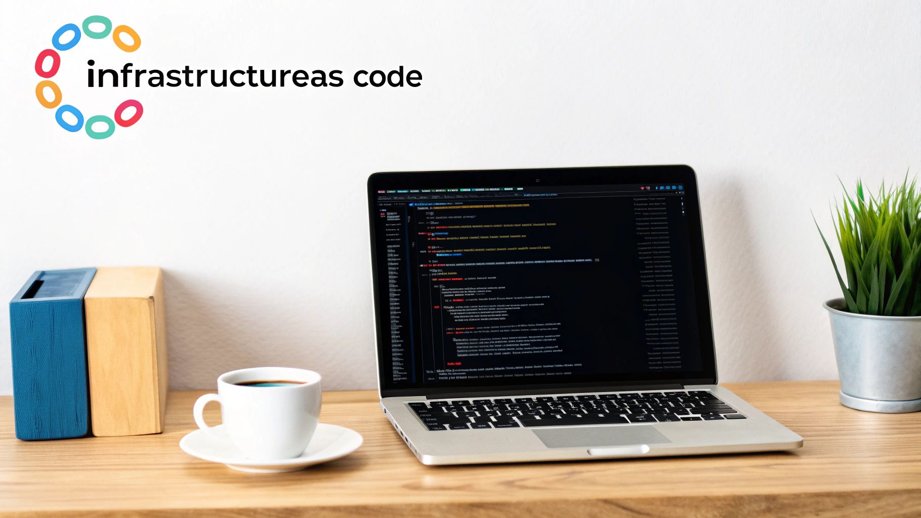 Laptop displaying code, a coffee cup, and infrastructure as code logo on a wooden desk.