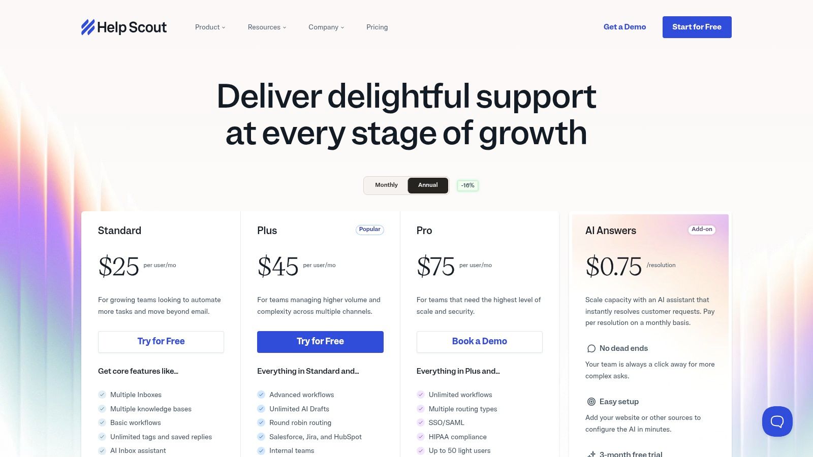 Help Scout pricing plans showing Standard, Plus, and Pro tiers with user counts and key features listed for each plan.