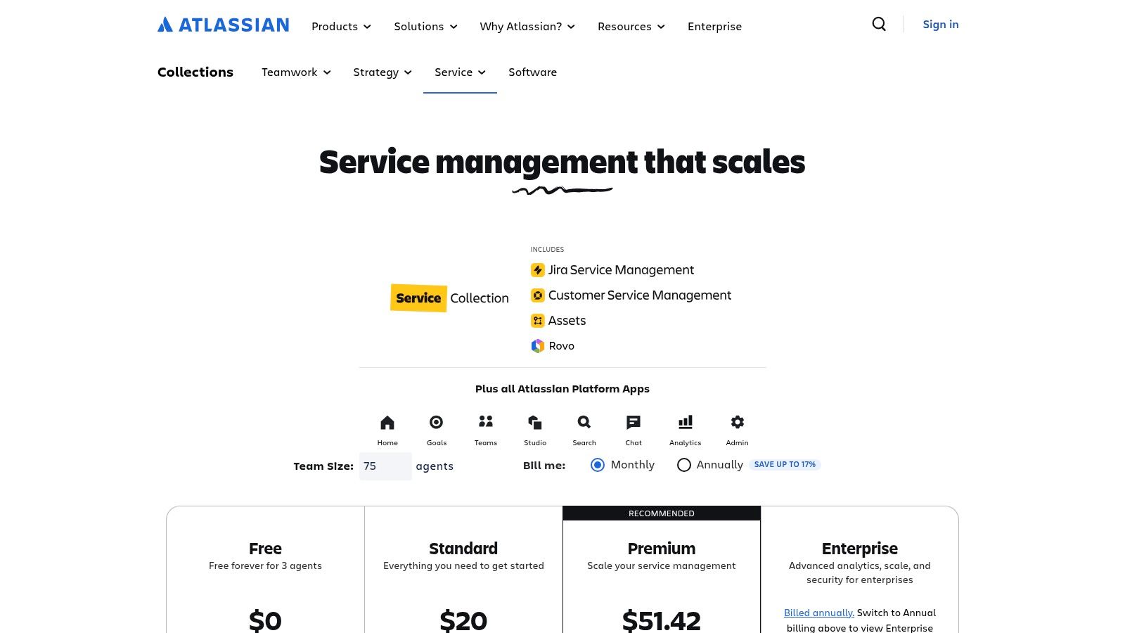 Jira Service Management pricing plans showing a free tier for up to 3 agents and paid plans for growing teams.