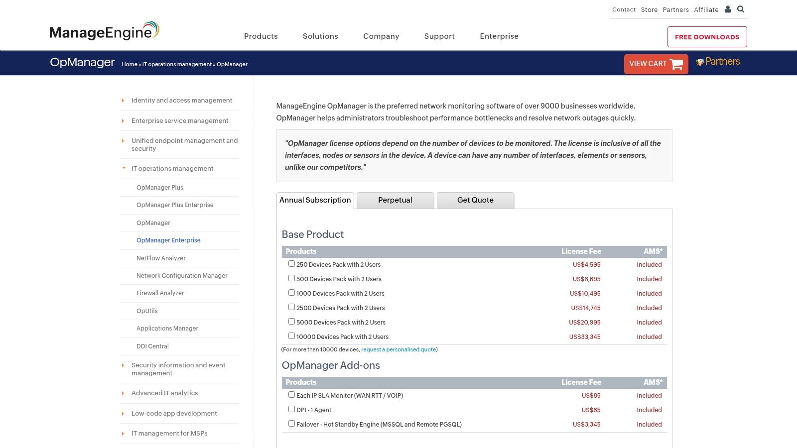 ManageEngine OpManager dashboard showing device status and alerts