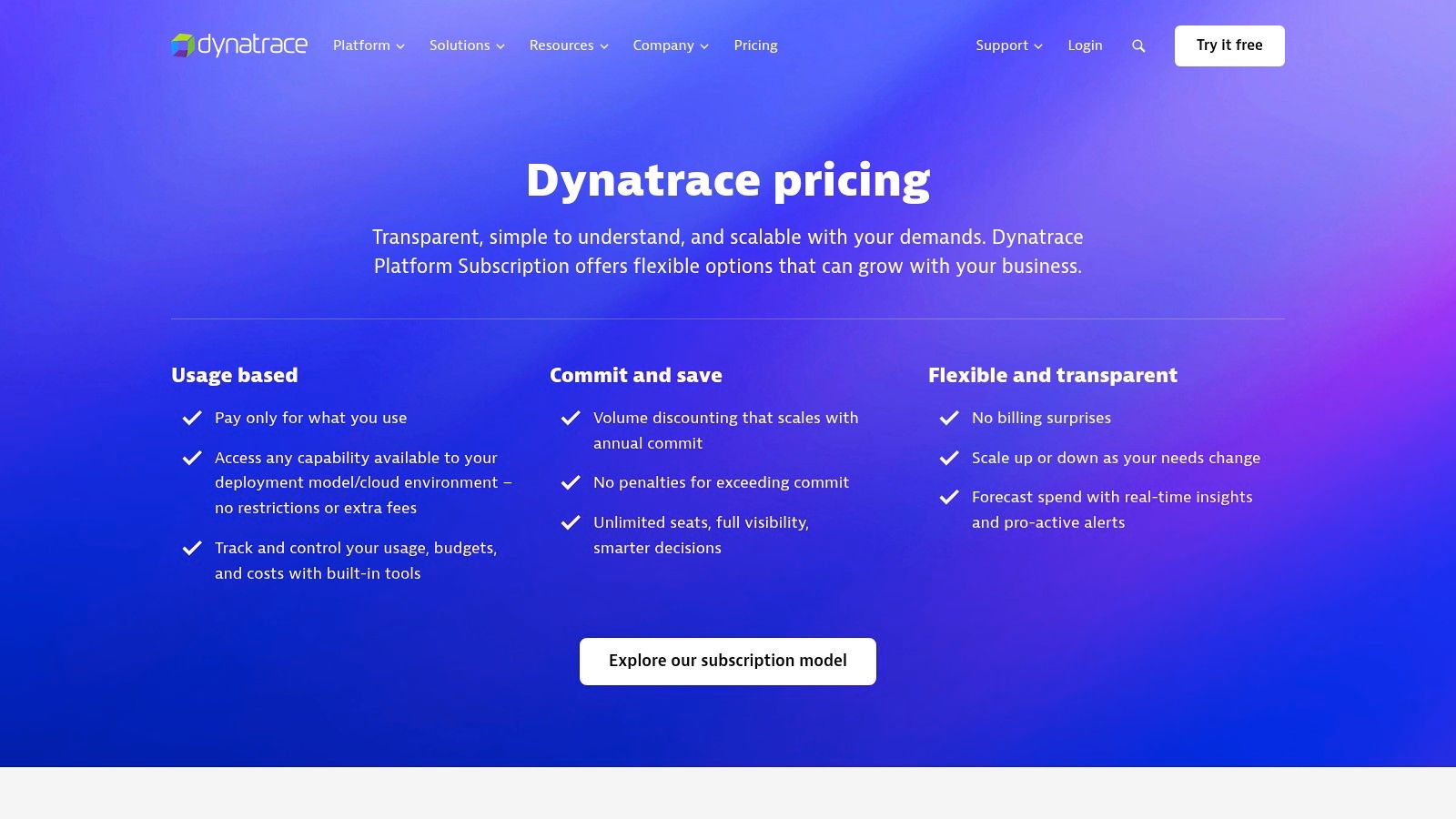 Dynatrace's pricing page showing options for full-stack monitoring, infrastructure monitoring, and other services.