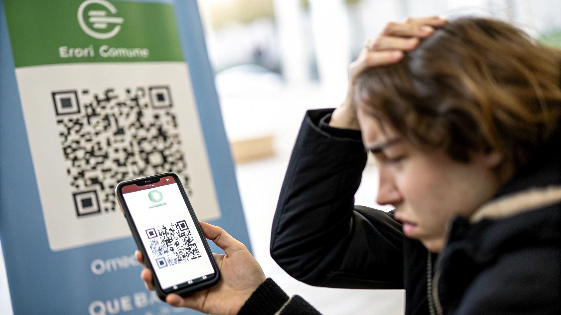 O mână de femeie ținând un smartphone care afișează un link după scanarea unui cod QR de pe un meniu de restaurant.