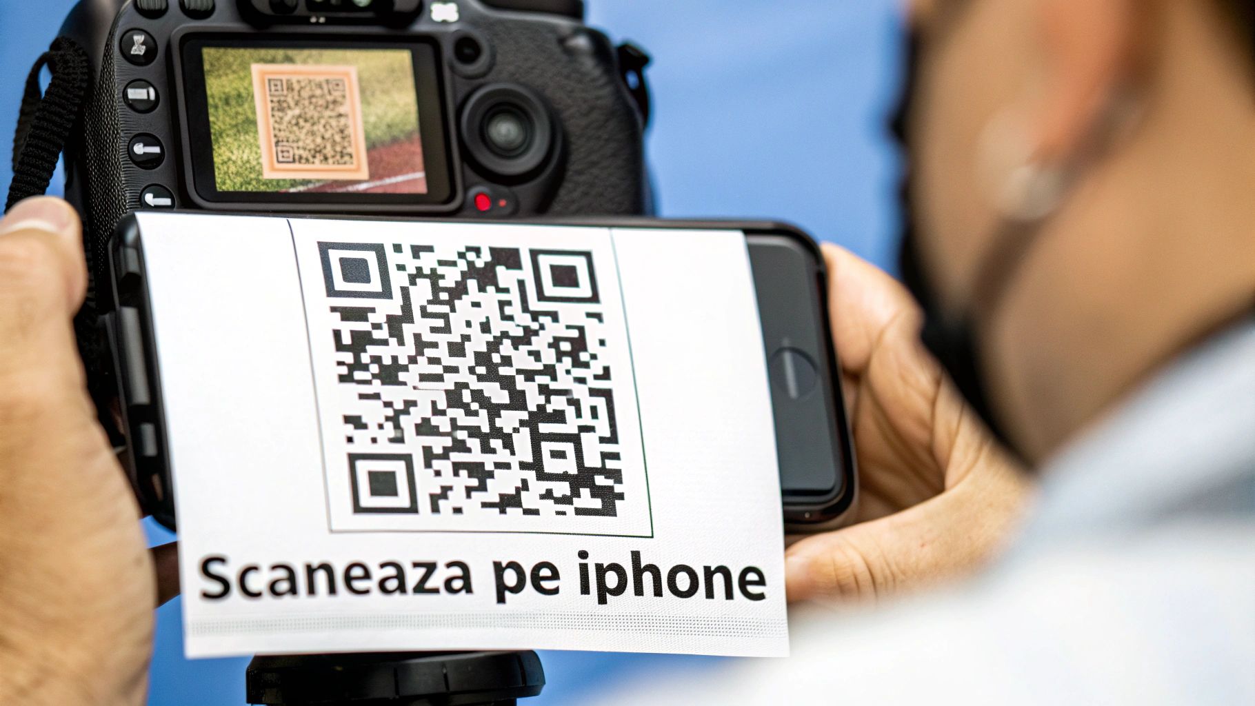O persoană scanează un cod QR folosind un iPhone