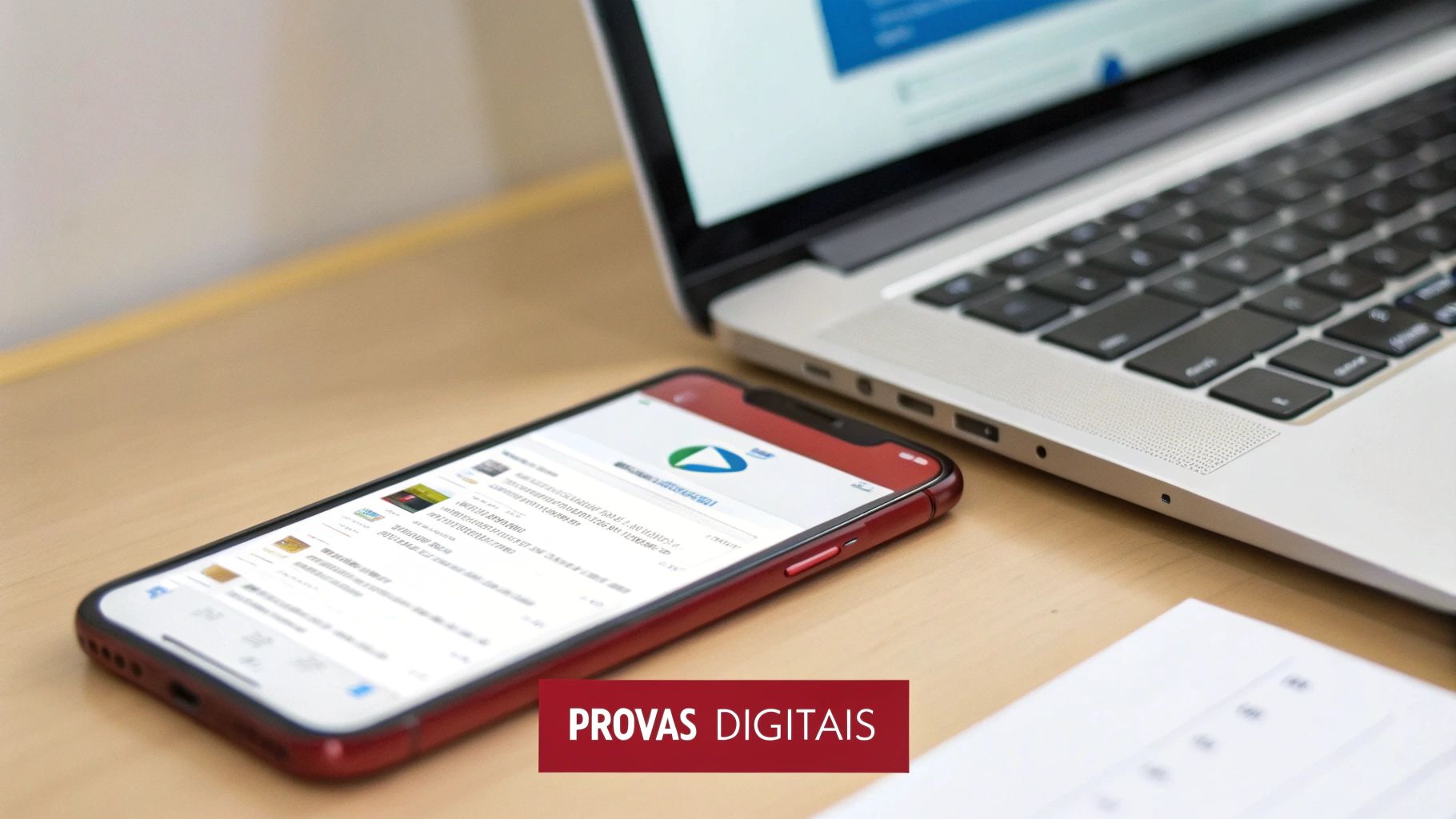 Smartphone vermelho com aplicativo de provas digitais na tela, ao lado de um laptop em mesa de madeira.