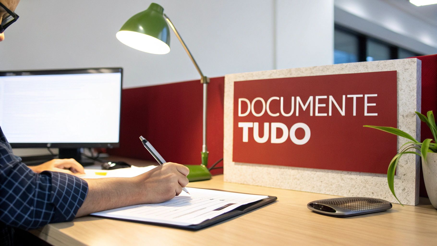 Pessoa em um escritório, escrevendo em um documento com uma caneta, ao lado de um monitor e um letreiro 'DOCUMENTE TUDO'.