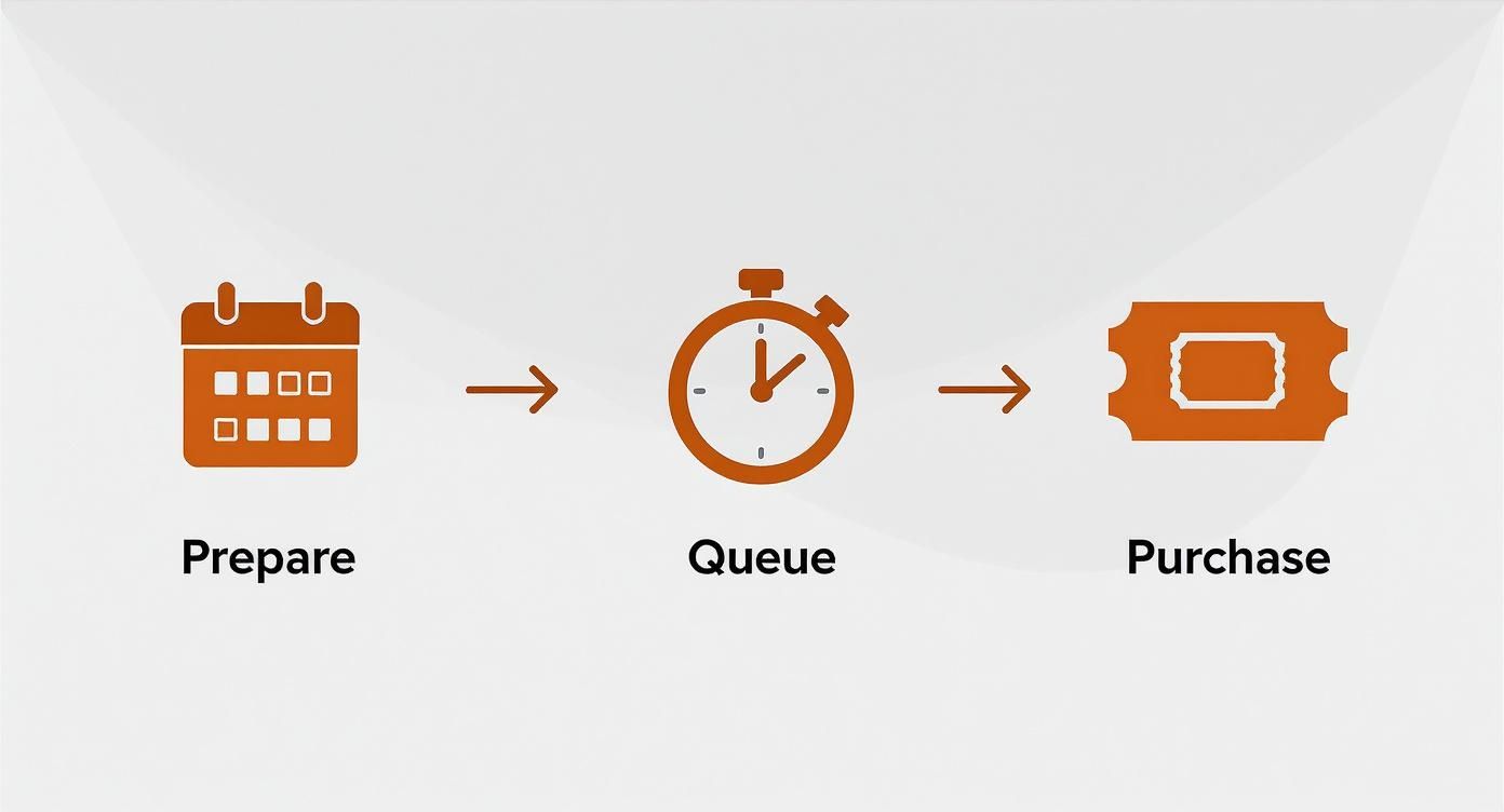 Infographic showing a 3-step process flow for securing tennis tickets with icons for Prepare, Queue, and Purchase.