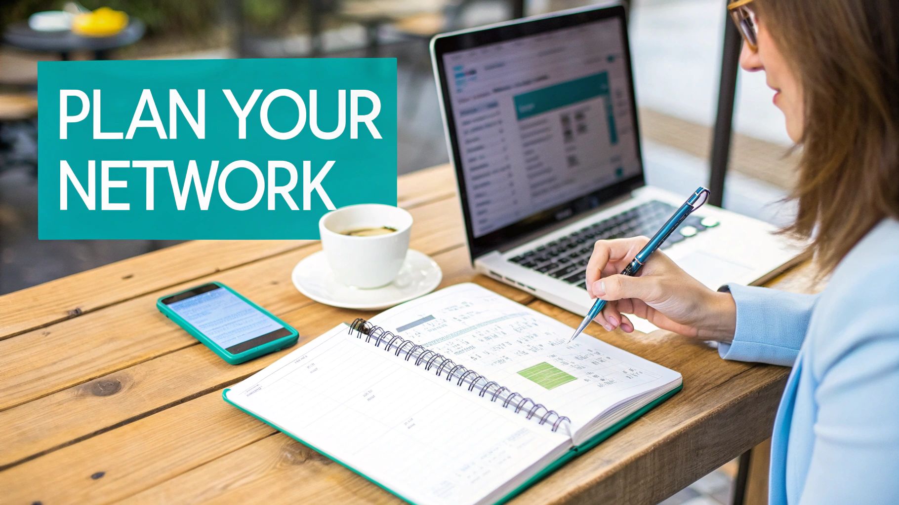 A person writes in a planner at a wooden table with a laptop and phone, near a 'PLAN YOUR NETWORK' sign.