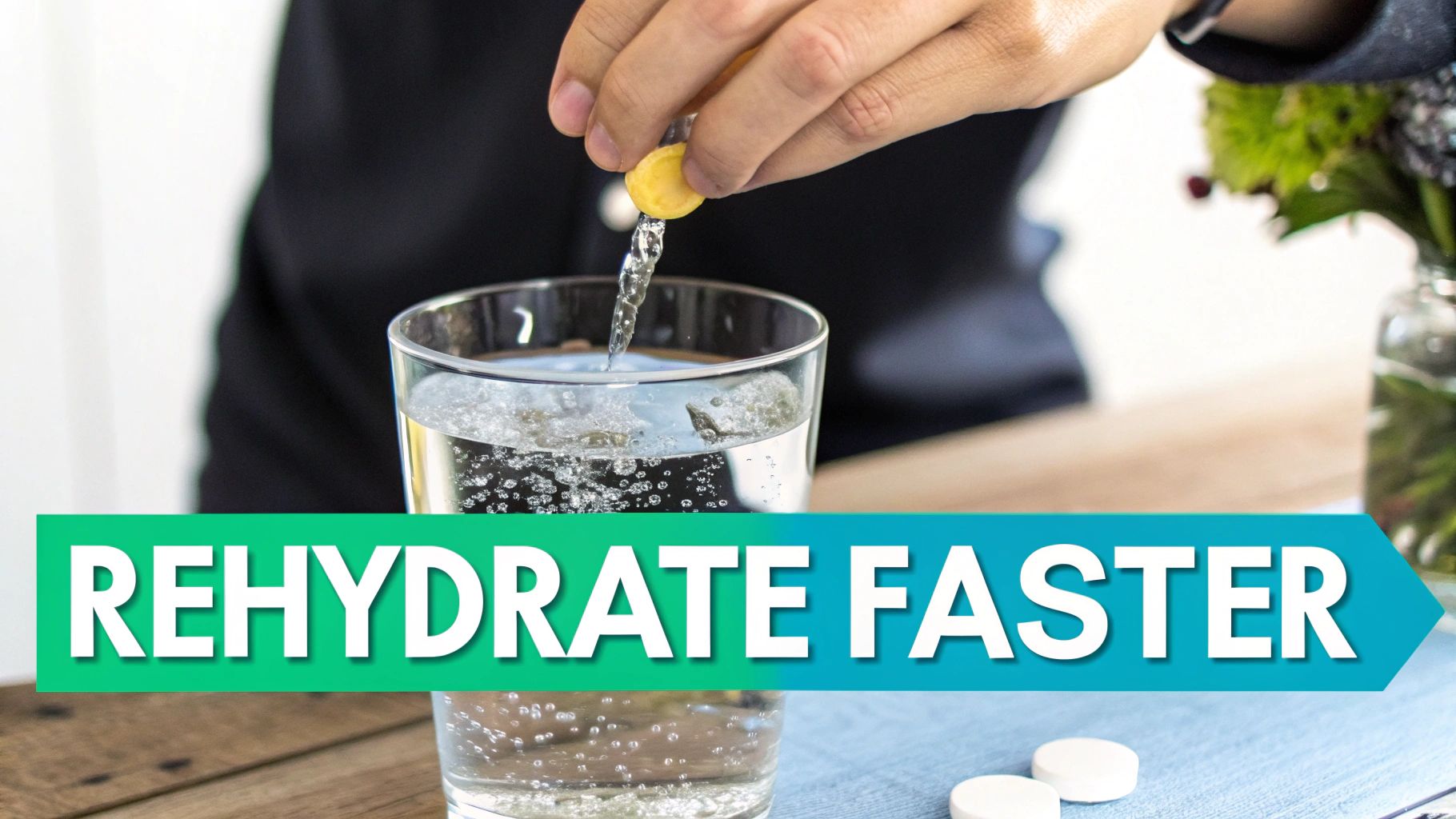 Person drops an electrolyte tablet into a glass of water, with text 'REHYDRATE FASTER'.