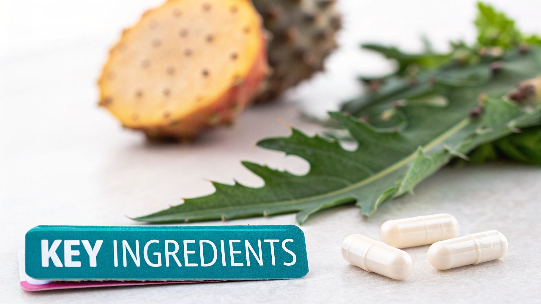 A 'KEY INGREDIENTS' label, three supplement capsules, and natural fruits and herbs in the background.