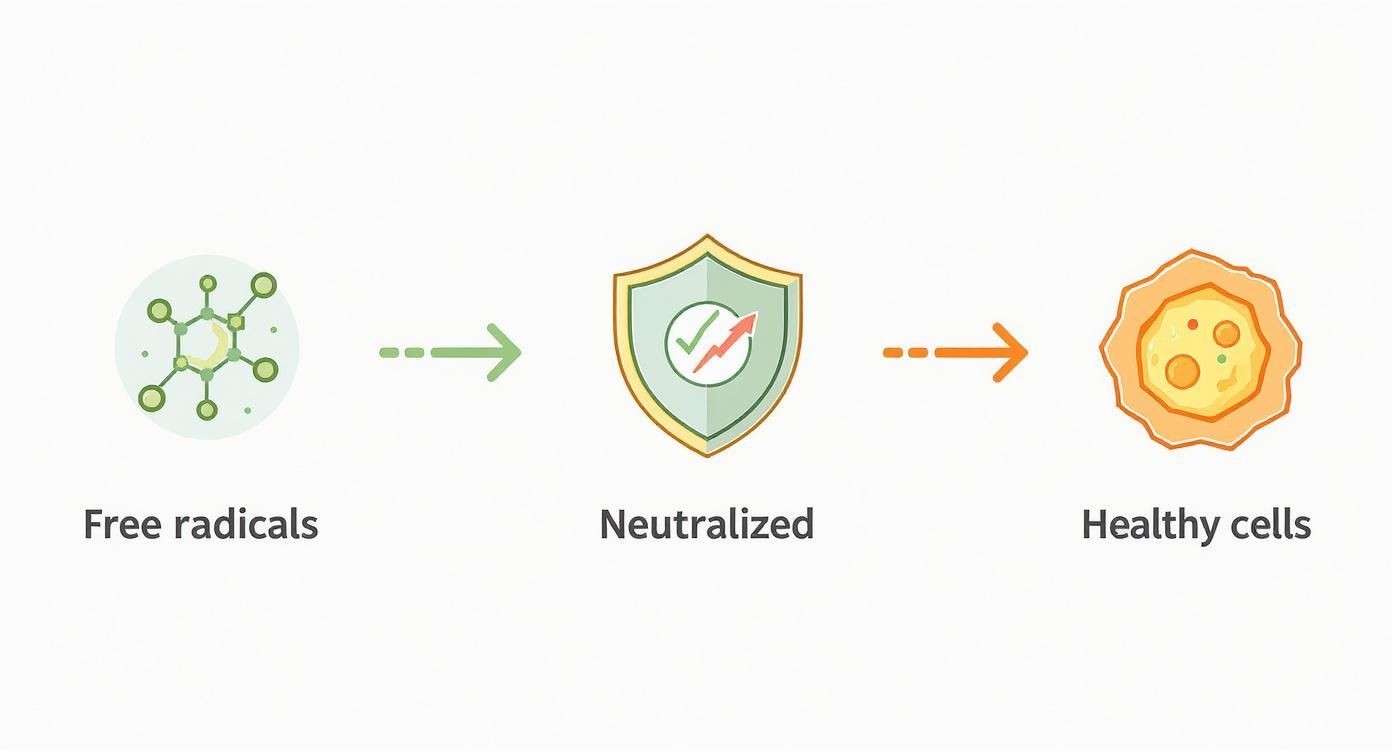 Illustration showing free radicals being neutralized by a protective shield, resulting in healthy cells.