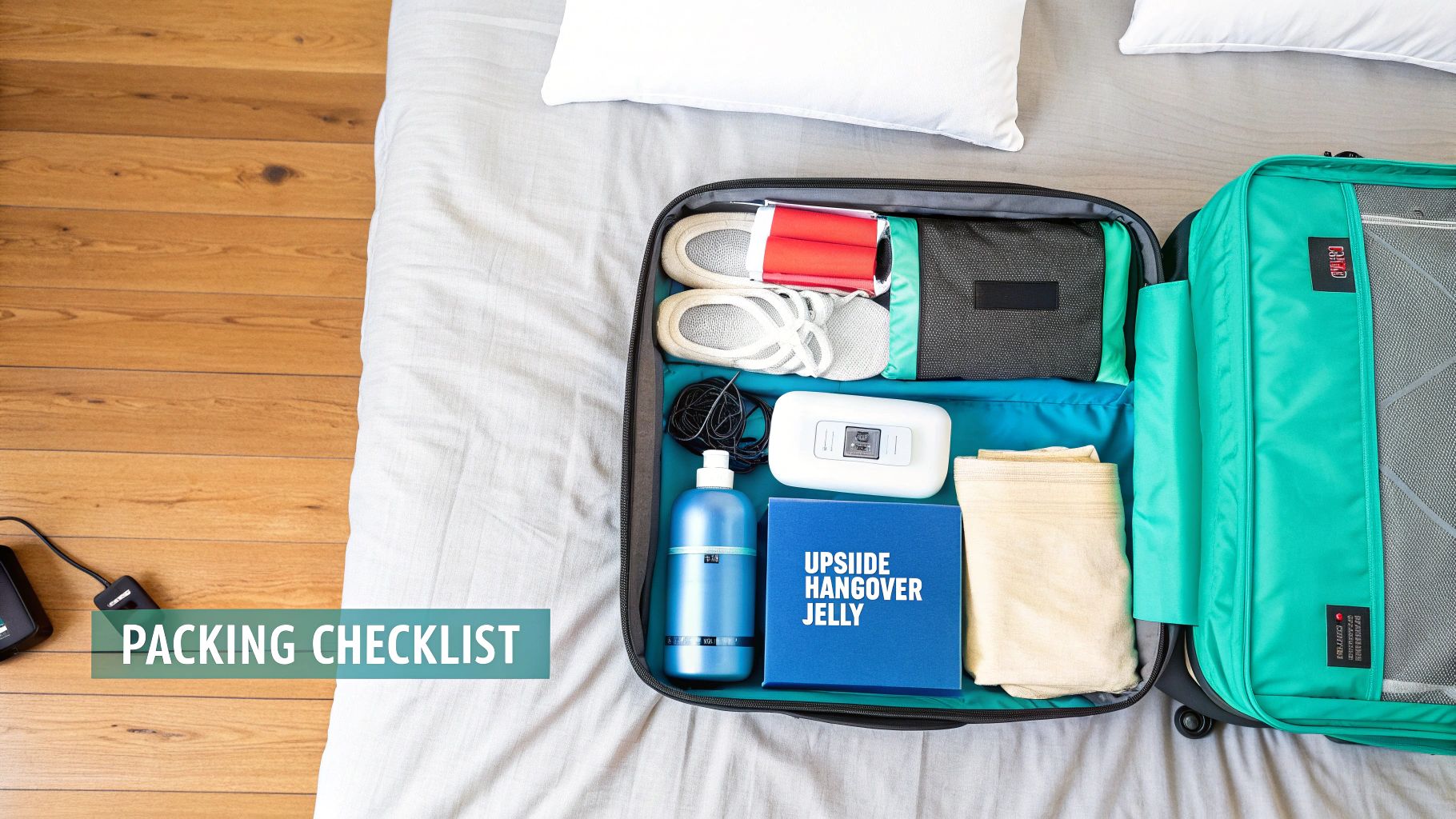 An open suitcase on a bed, neatly packed with travel essentials like shoes, toiletries, and a book.