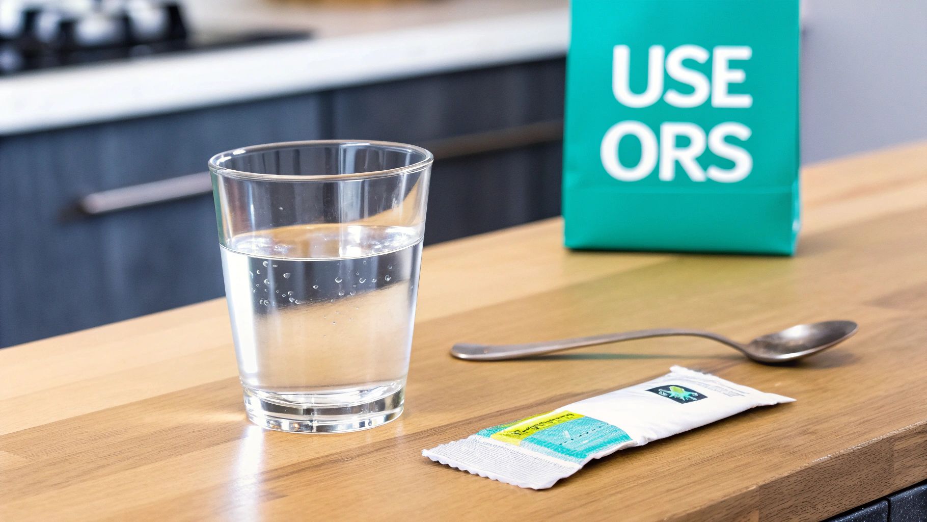 A glass of water, an ORS sachet, and a spoon on a wooden counter for rehydration.