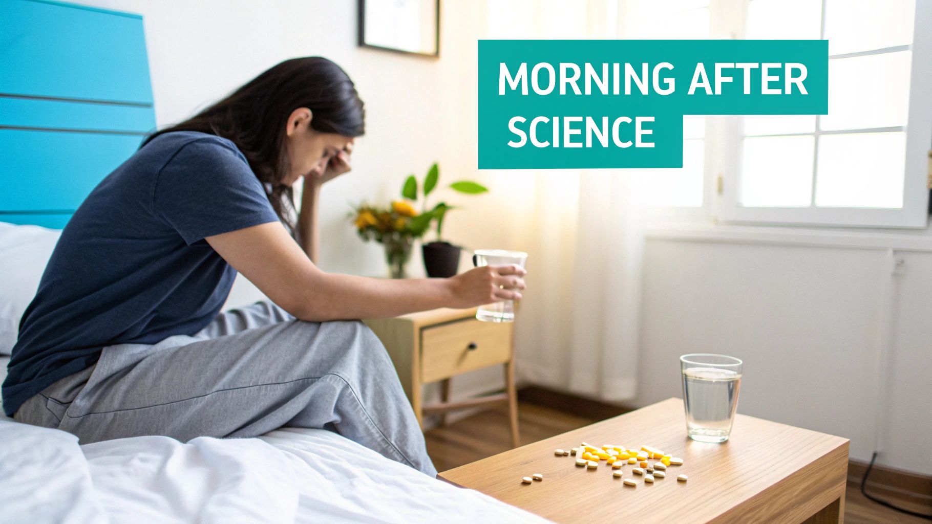 A distressed woman sits on a bed, holding her head, with pills and water nearby, implying a hangover.