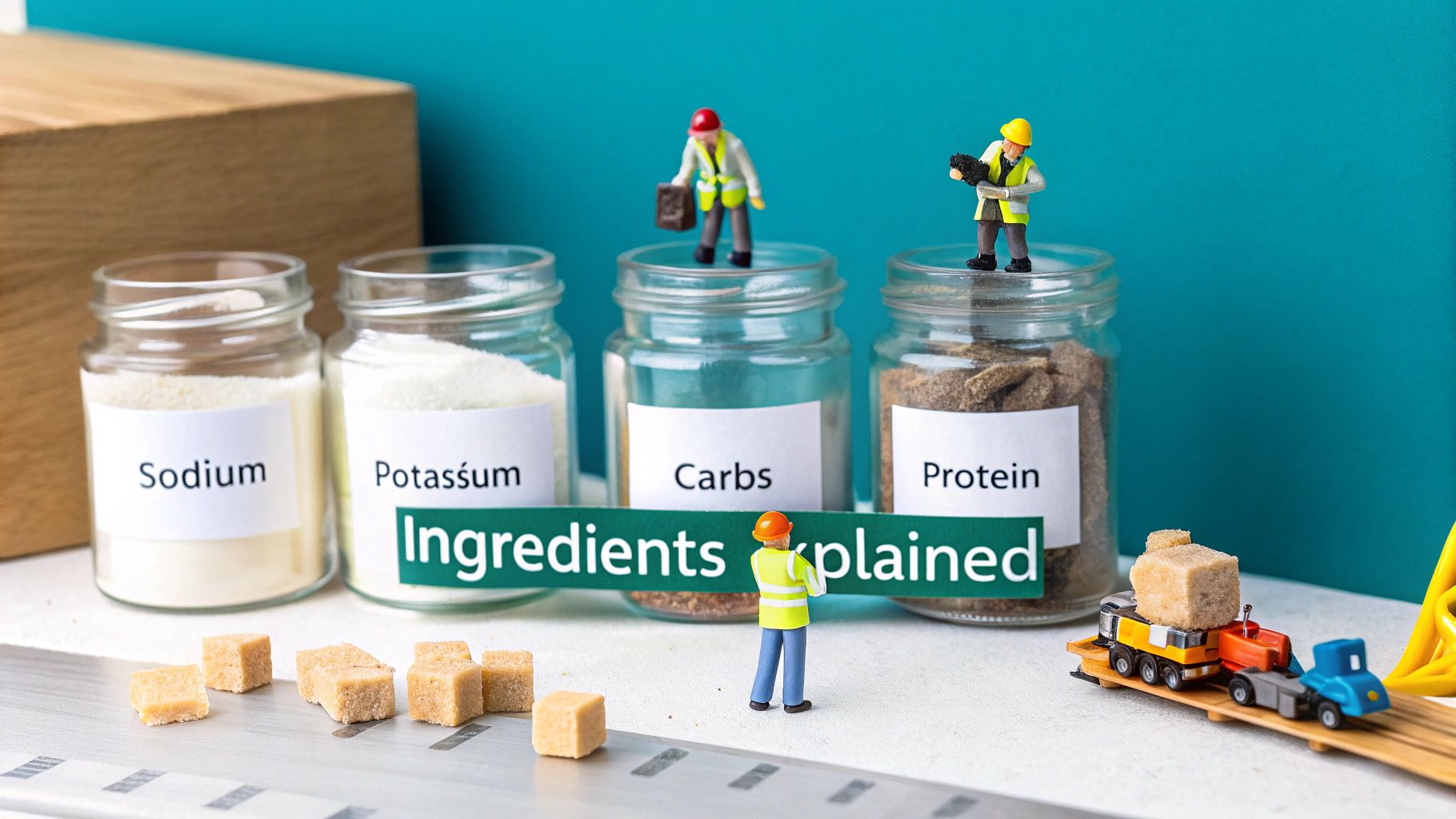 Miniature construction workers examining jars labeled sodium, potassium, carbs, and protein with ingredients explained sign
