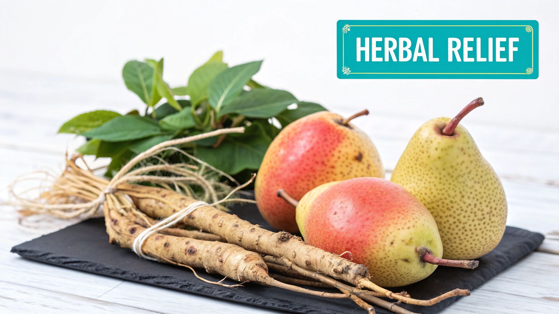 A visually appealing arrangement of Korean pears and red ginseng roots on a clean, modern surface.