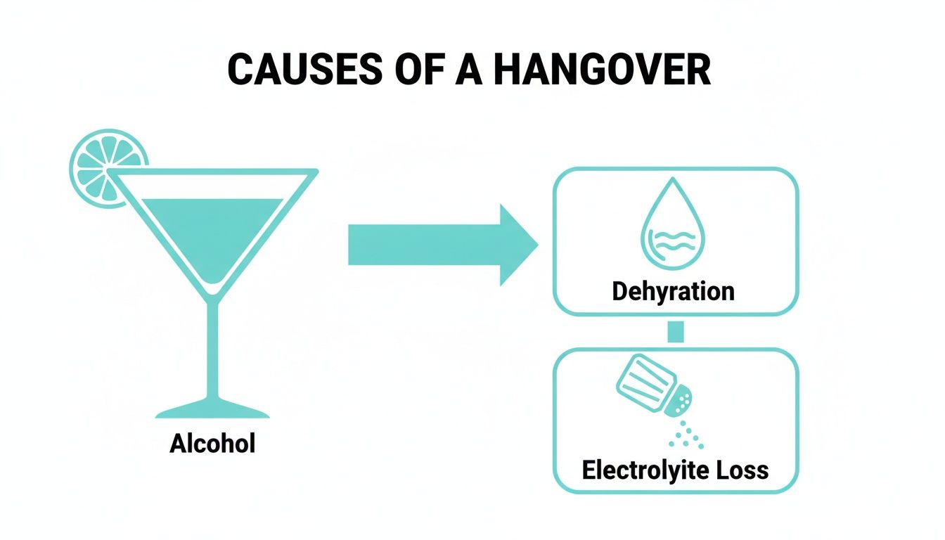 Diagram illustrating alcohol consumption as the cause of dehydration and subsequent electrolyte loss, leading to a hangover.
