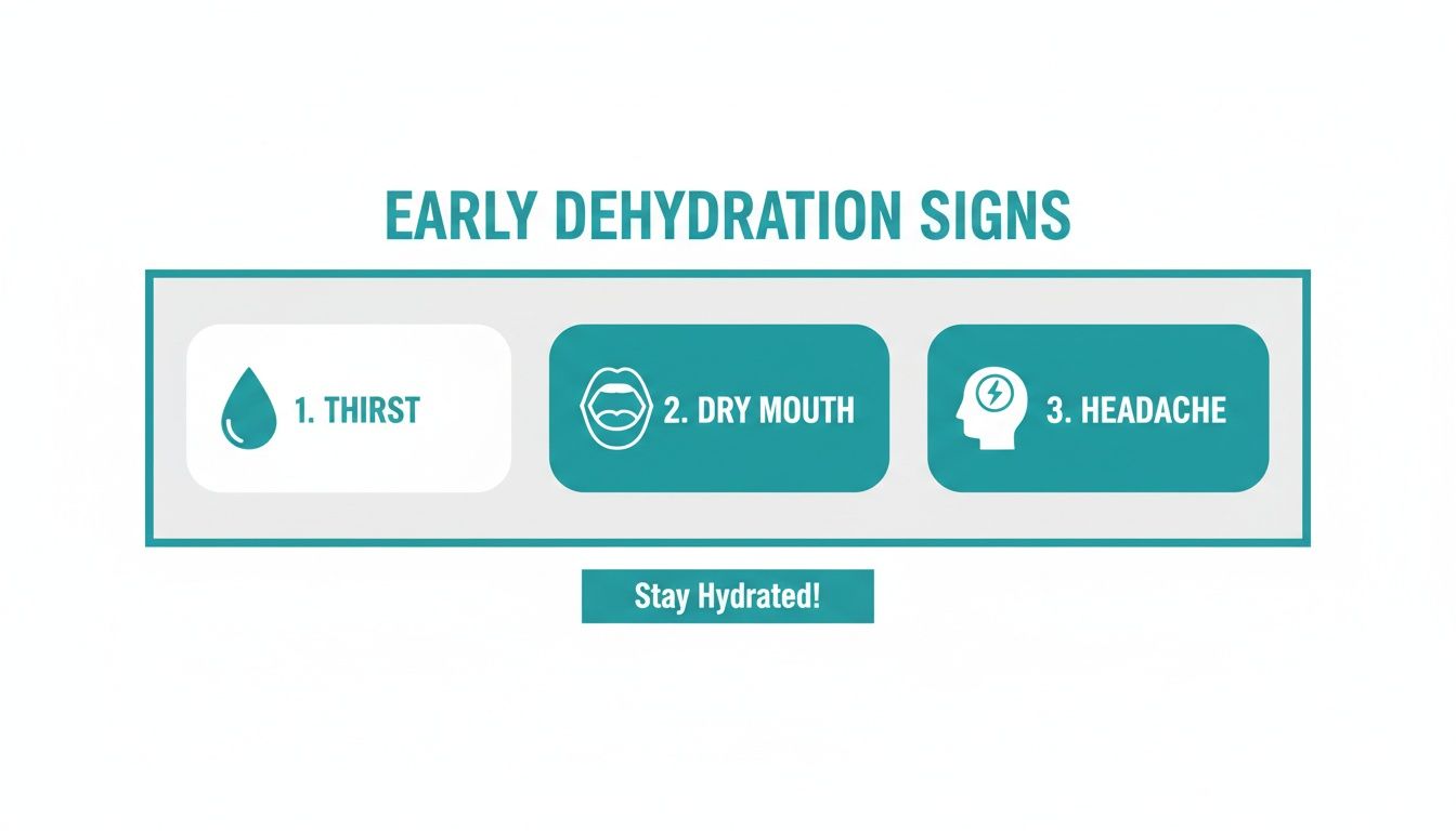 An infographic displaying early dehydration signs: thirst, dry mouth, and headache, promoting hydration.