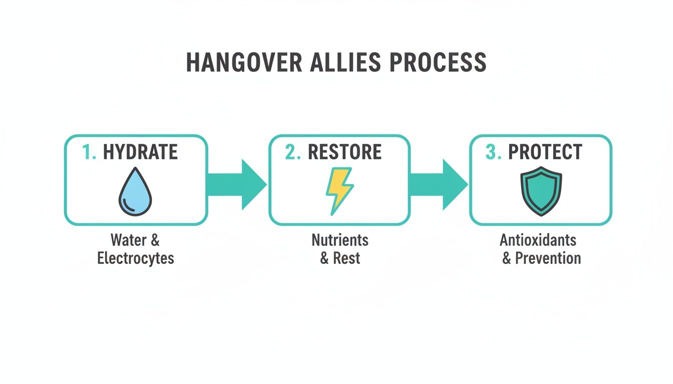 A three-step process for hangover relief: Hydrate with water, Restore with nutrients, and Protect with antioxidants.