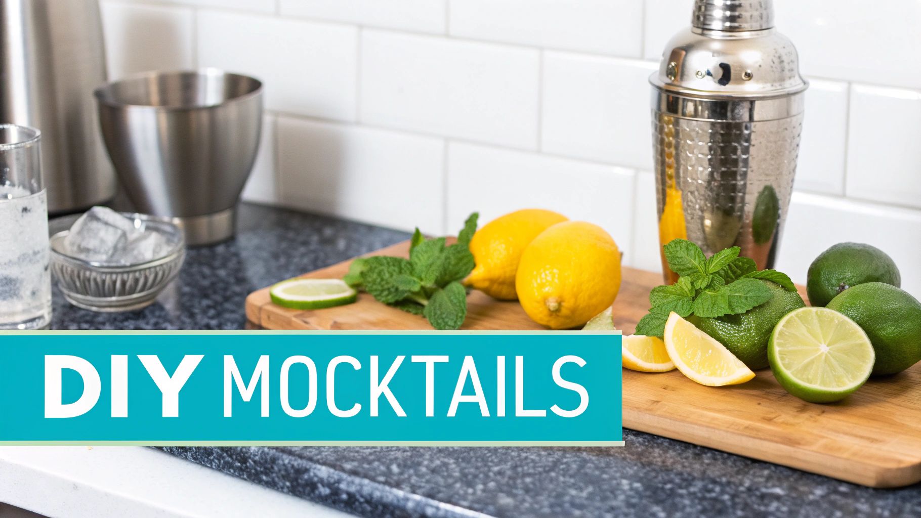 A person preparing a colorful mocktail with fresh fruit and herbs in a stylish kitchen.