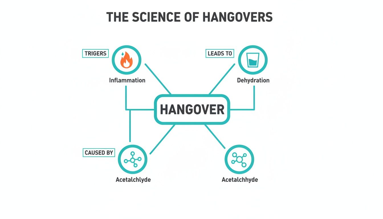 Infographic explaining the science of hangovers, including triggers like inflammation and causes like acetaldehyde.