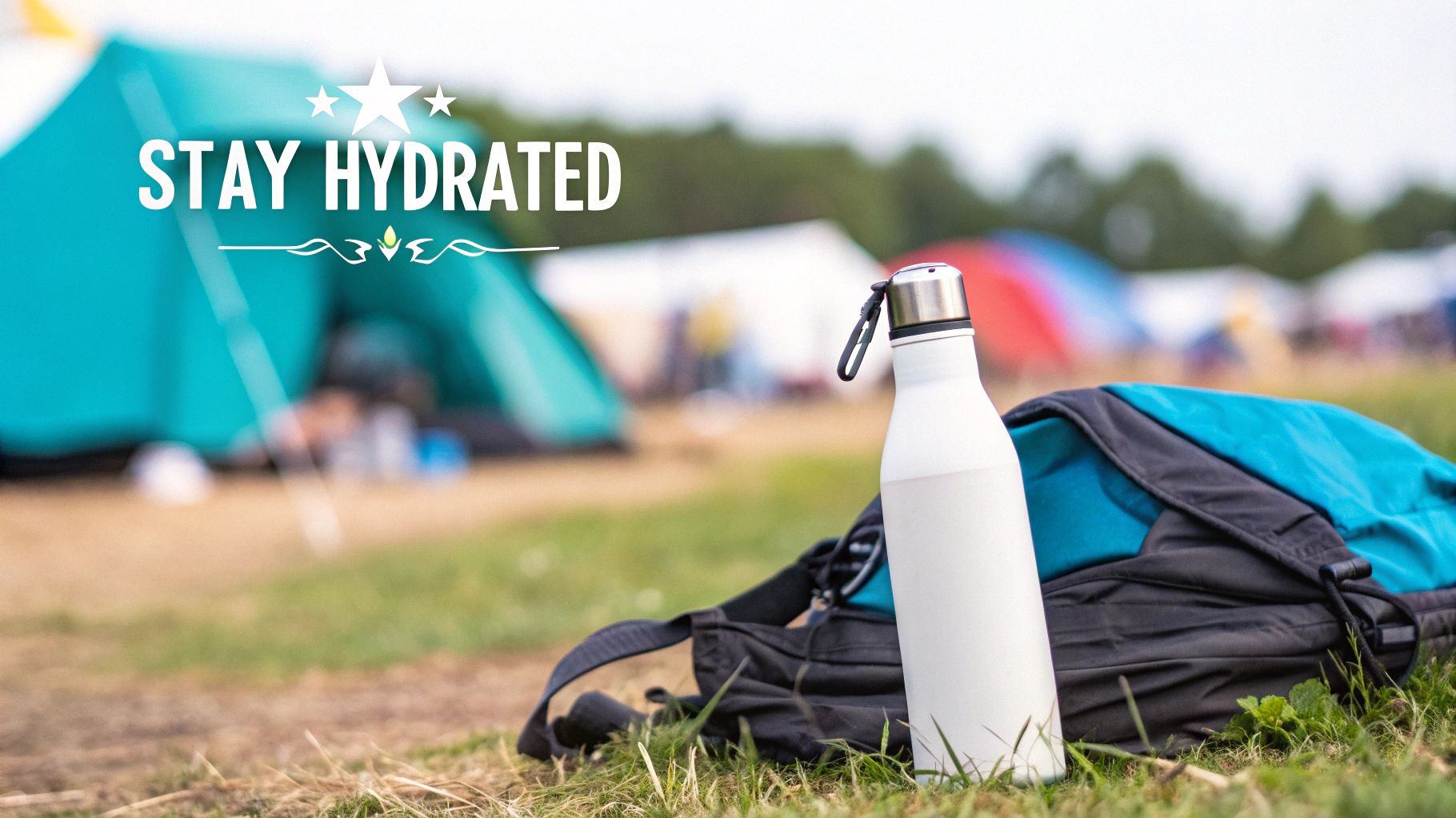 A white water bottle and a blue backpack on the grass at a blurred music festival campsite, with "STAY HYDRATED" text.