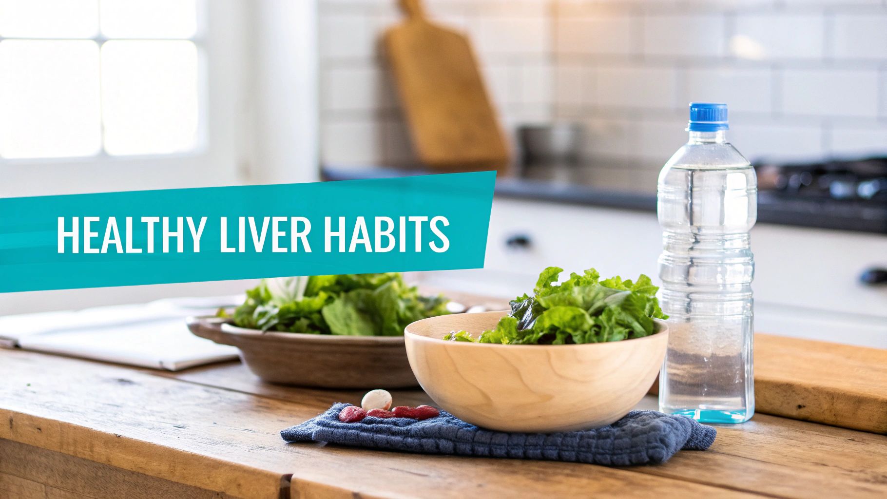 A bowl of fresh green lettuce, a water bottle, and pills on a wooden table, emphasizing healthy liver habits.