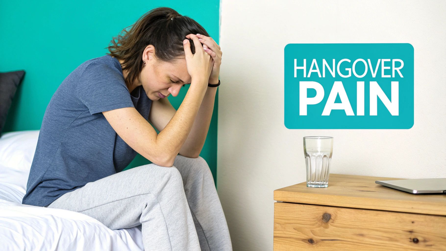 A person holding a no hangover supplement, looking refreshed the morning after a social event.