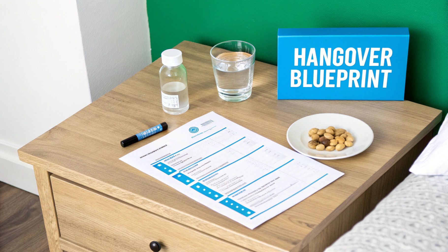 A refreshing drink with fruit and herbs, symbolizing natural hangover prevention.