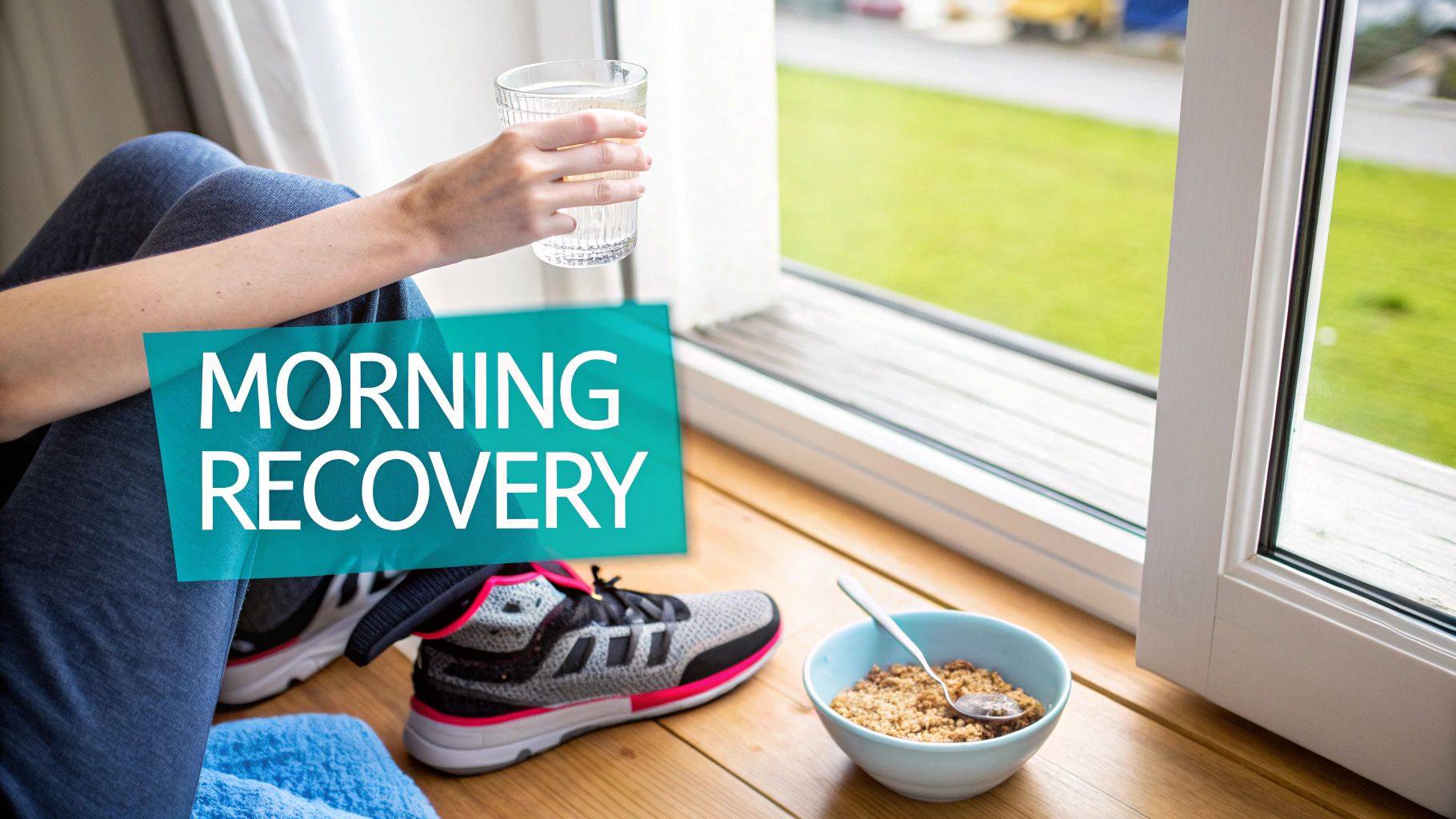 A person holds a glass of water while sitting by a window with breakfast and running shoes, promoting morning recovery.