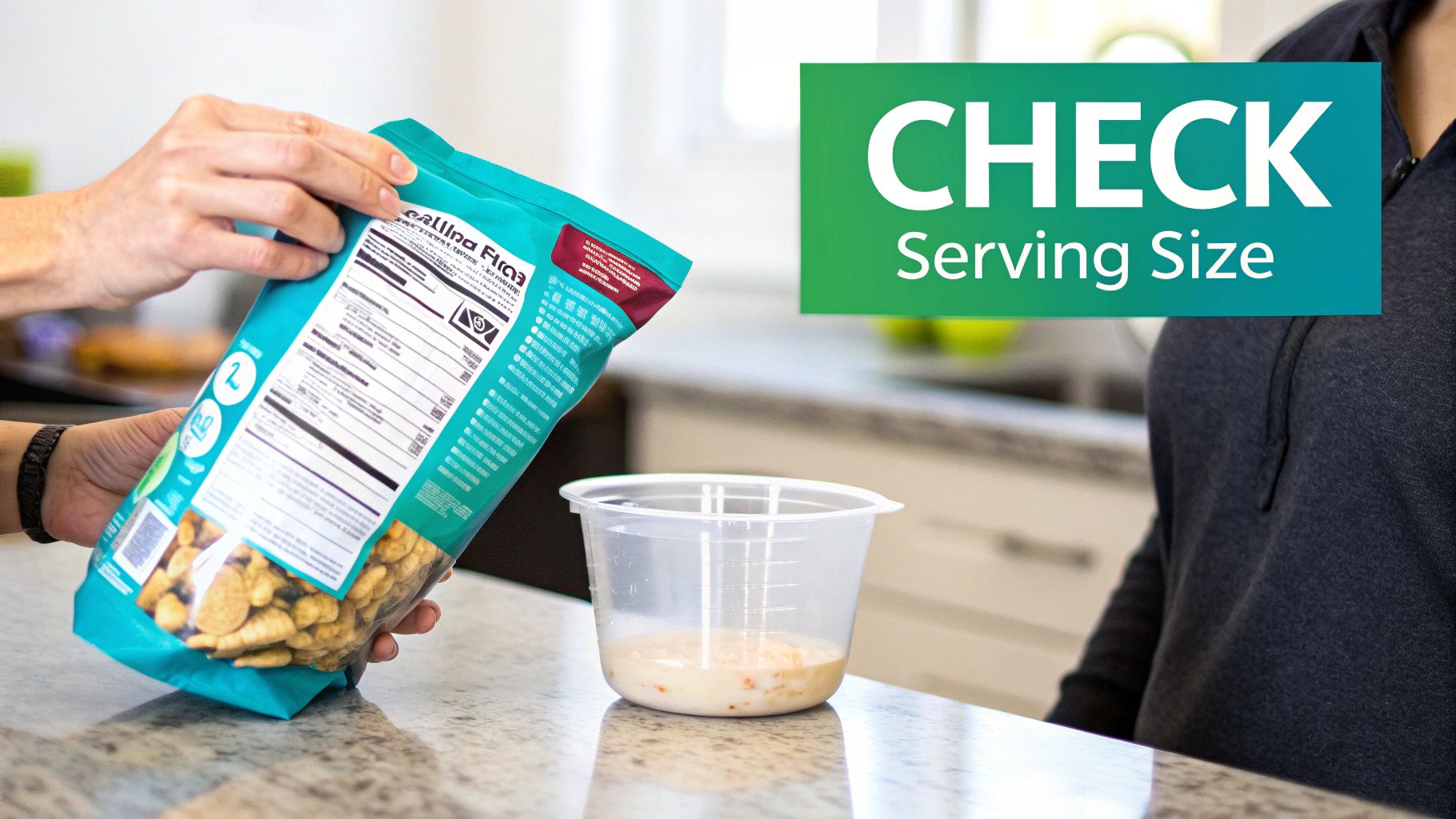 A person reads the nutrition facts on a snack bag next to a measuring cup, focusing on serving size.