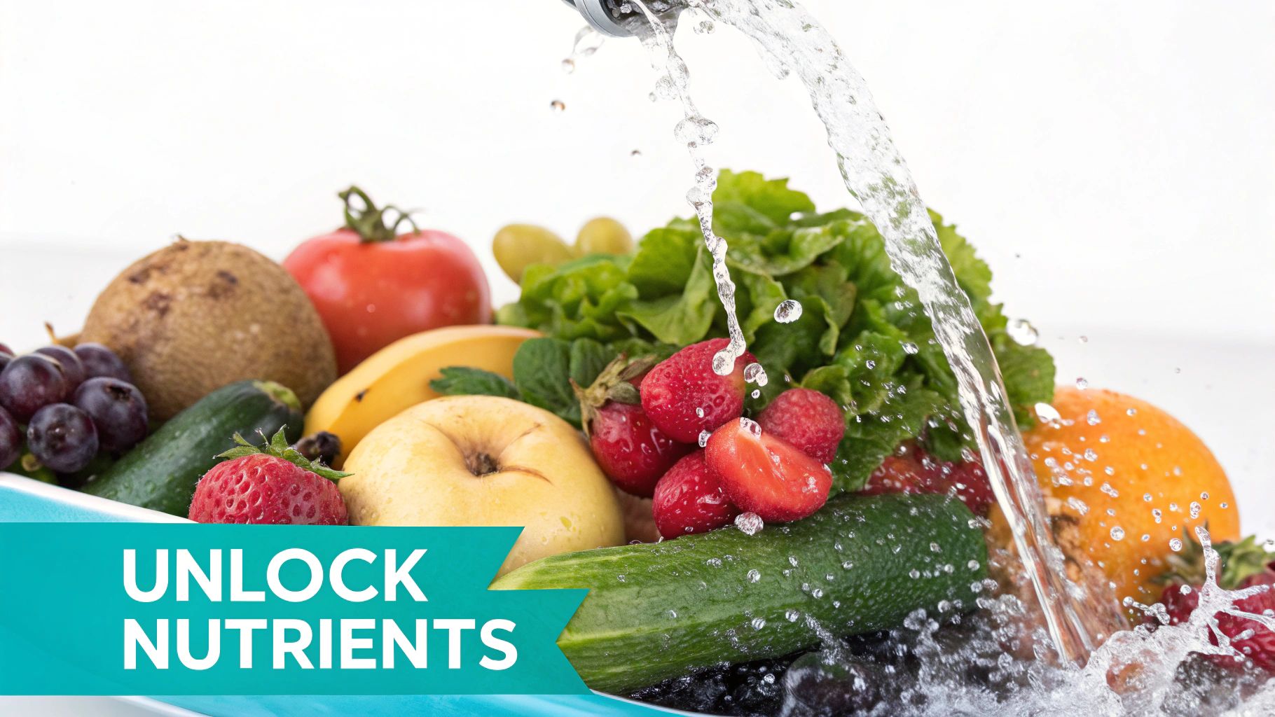 Fresh fruits and vegetables like strawberries, grapes, and lettuce being washed under running water.