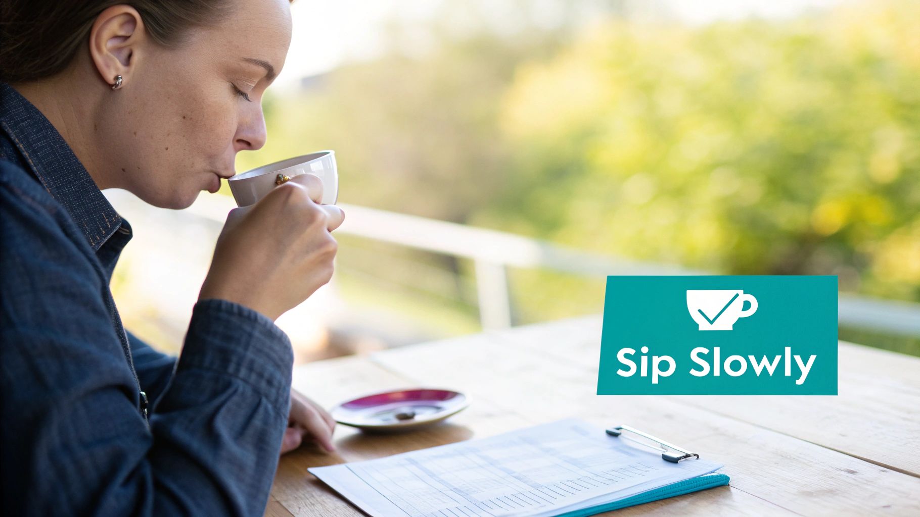 A woman thoughtfully sips from a cup, with a reminder to 'Sip Slowly' overlaid on the image.