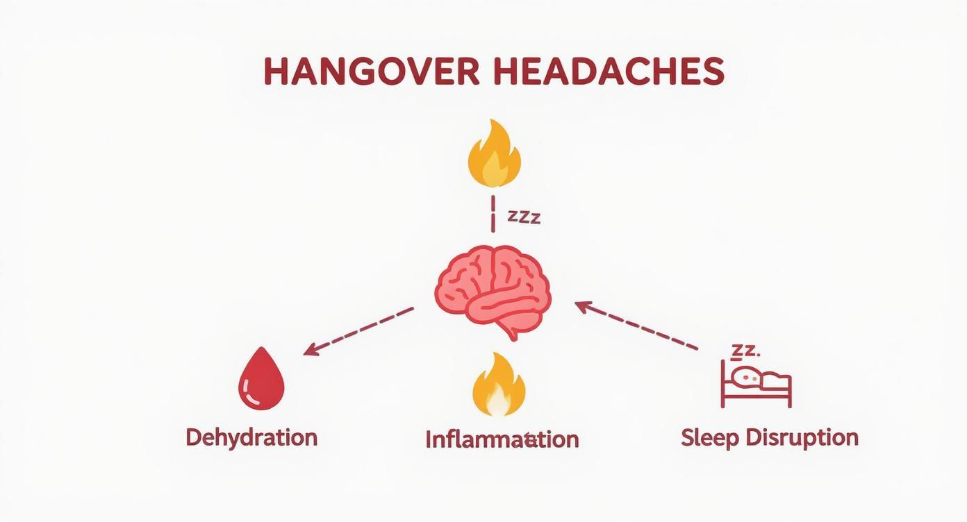 Infographic explaining how dehydration, inflammation, and sleep disruption contribute to hangover headaches.