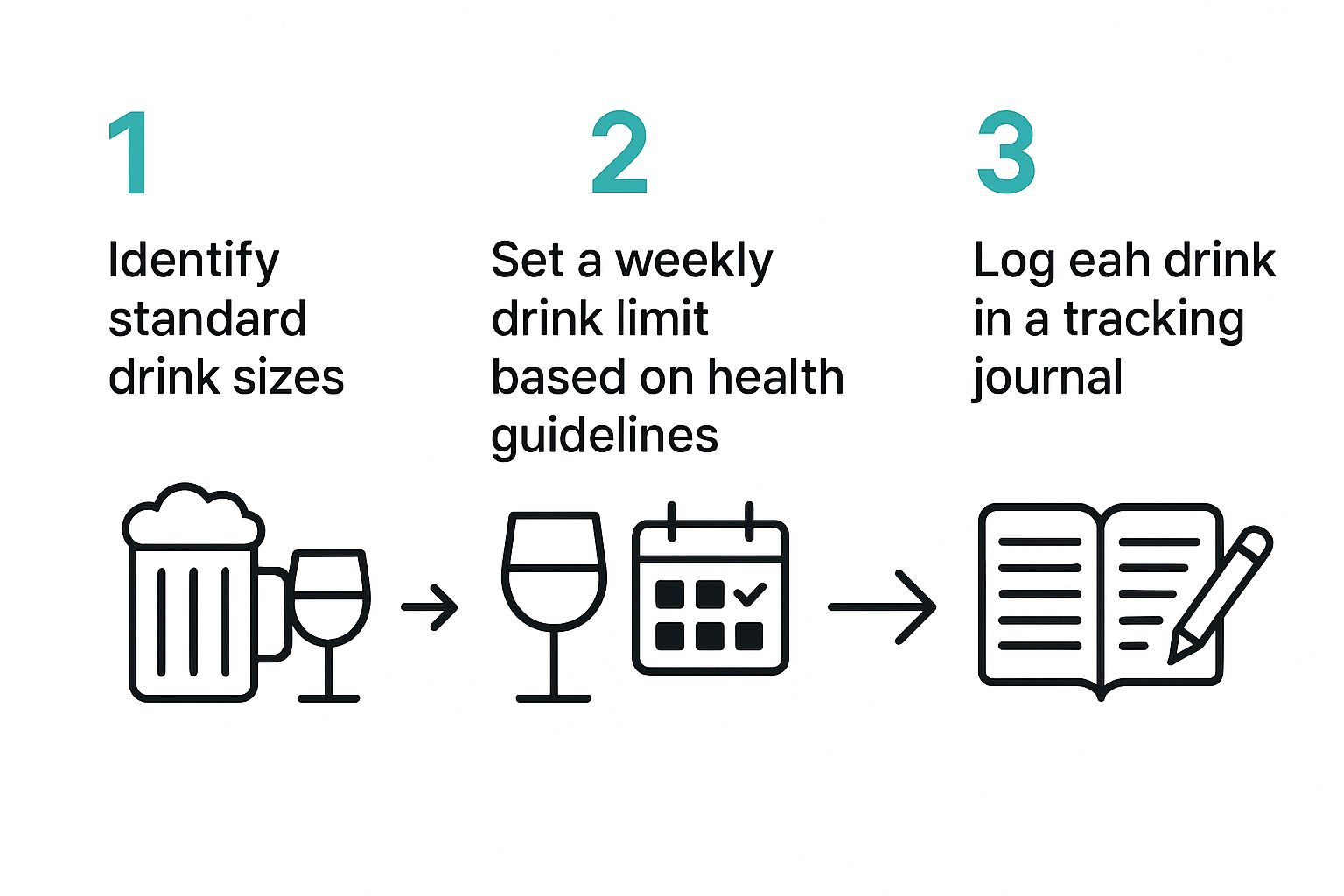 Infographic showing the process of identifying standard drink sizes, setting weekly limits, and tracking consumption.
