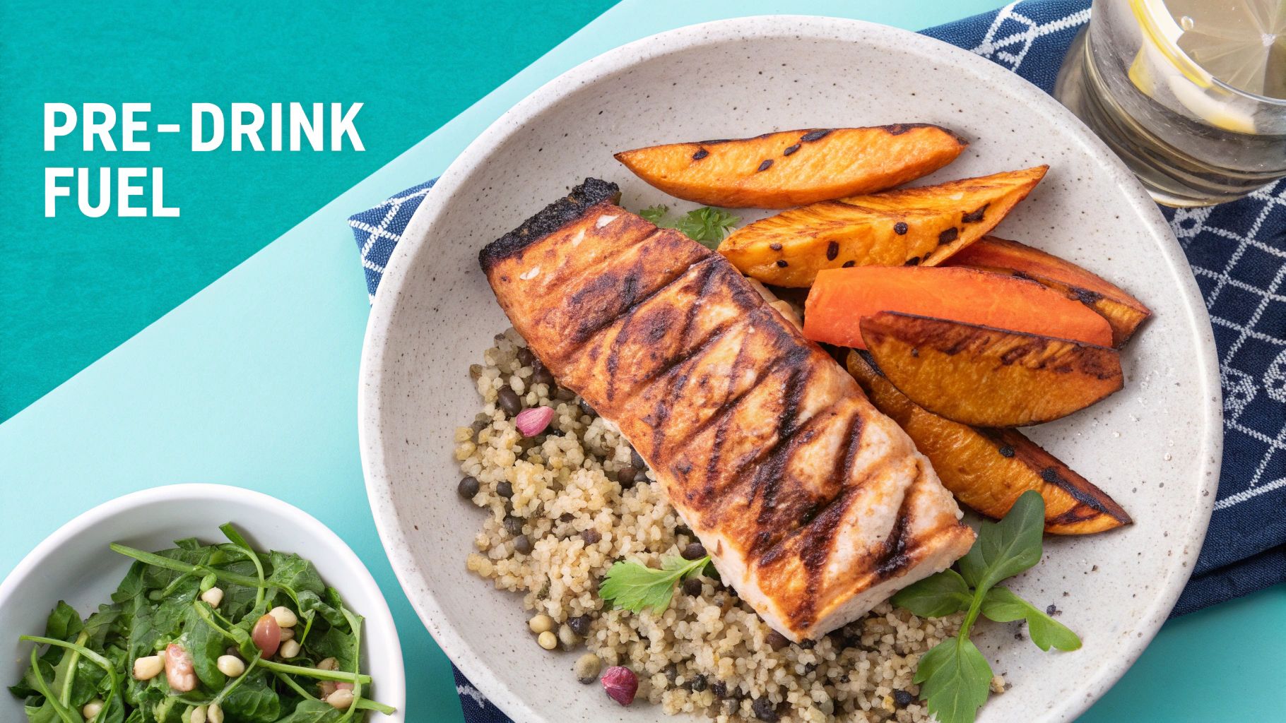 A balanced meal of grilled salmon, sweet potatoes, and greens on a plate
