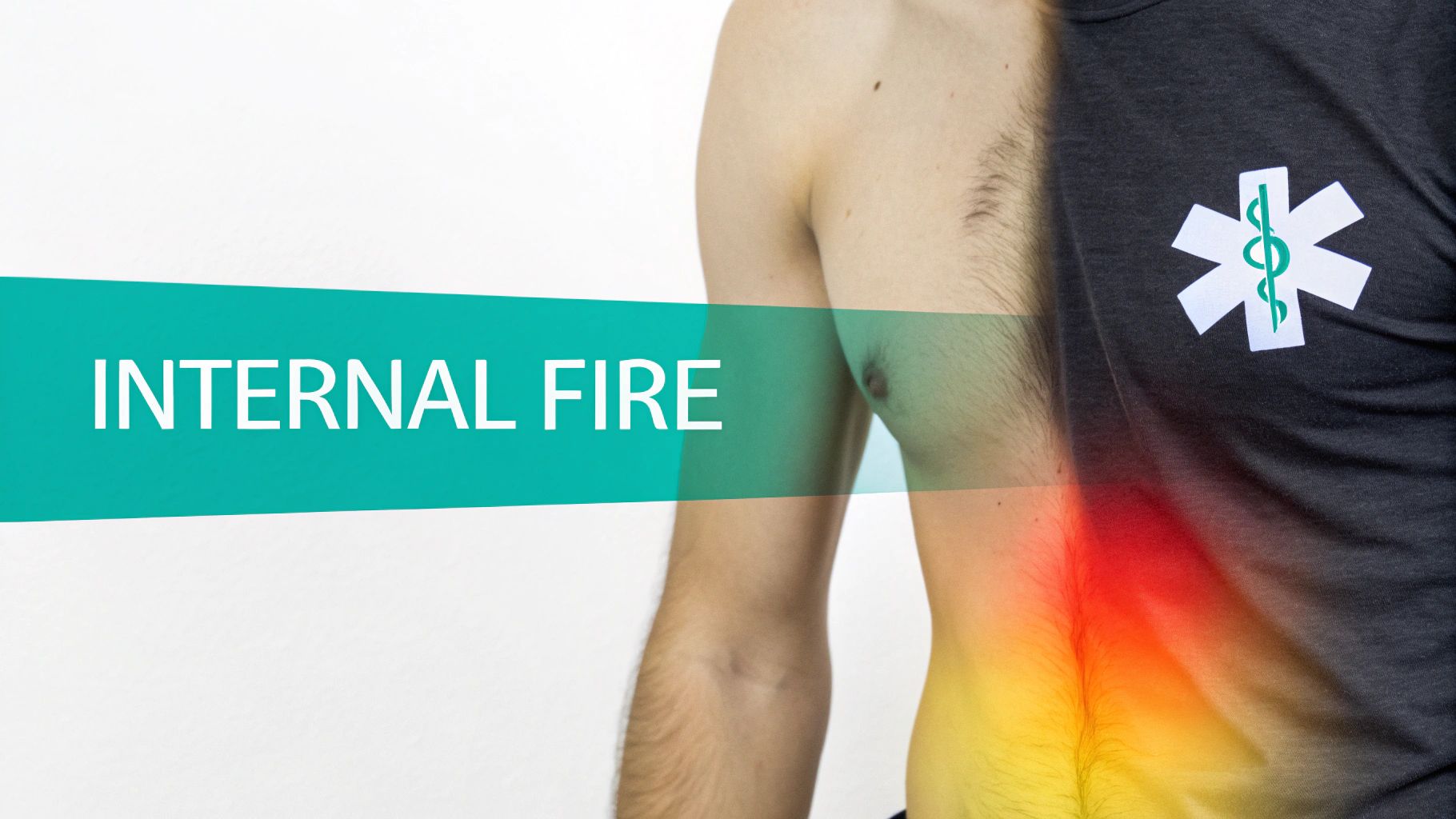 A person's back showing a red and orange inflamed area, with 'INTERNAL FIRE' text and a medical symbol.